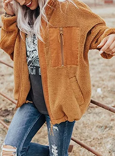 BTFBM Women Long Sleeve Full Zip Jackets Casual Solid Color Loose Fleece Short Teddy Coats Jacket Outerwear With Pockets(Solid Brown, Medium)