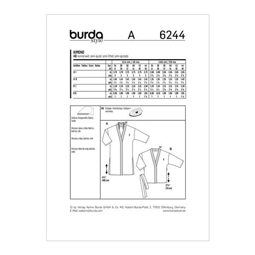 Burda Pattern 6244 Misses' Kimono-Style Coat Or Jacket (8-18)