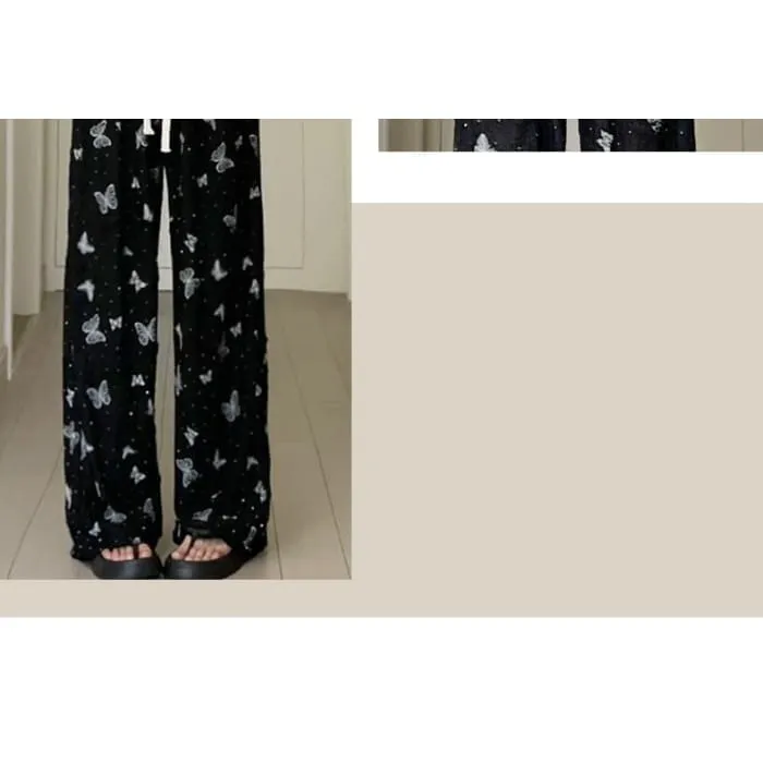 Butterfly Print High Waist Wide Leg Sweatpants