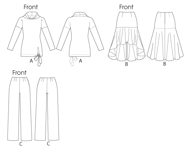 Butterick 5858. 1920s Inspired Sewing Pattern. Cascade Skirt, Slim Fitting Top, Straight Leg Pants.