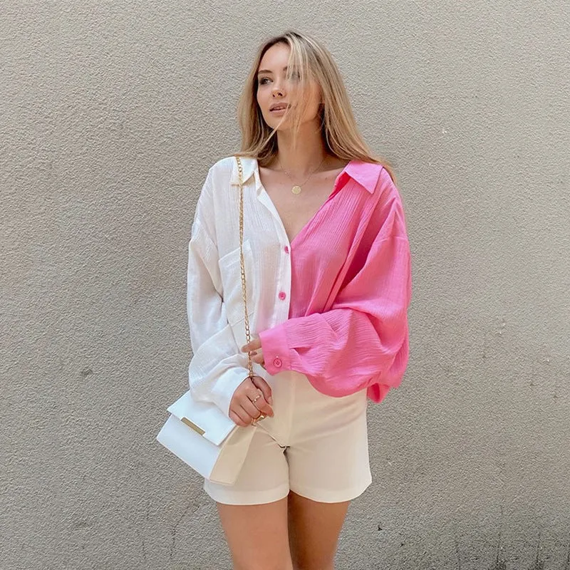 Button Down Loose Batwing Sleeve Colorblock Long Shirt