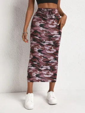 Camo Print Knot Front Pencil High Waisted Skirt SS24