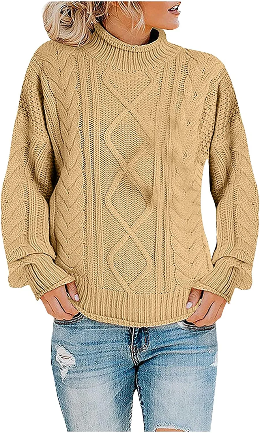 Casual Cable Knit Sweater for Women Fall Crewneck Long Sleeve Pullover Knitwear Button Decor Lightweight Jumper Top