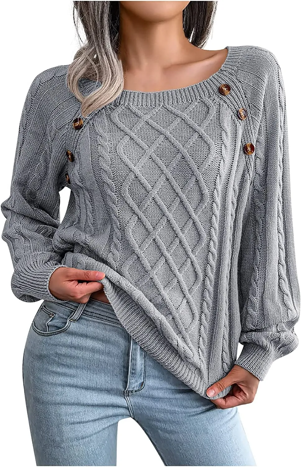 Casual Cable Knit Sweater for Women Fall Crewneck Long Sleeve Pullover Knitwear Button Decor Lightweight Jumper Top