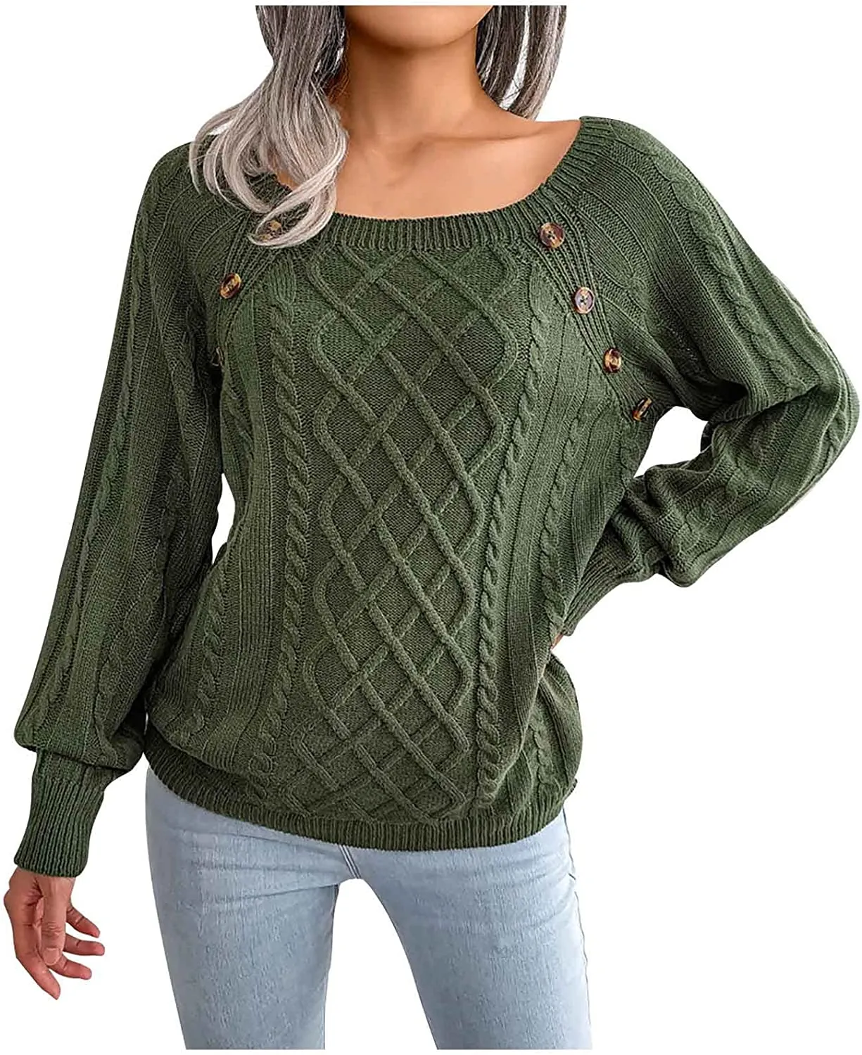 Casual Cable Knit Sweater for Women Fall Crewneck Long Sleeve Pullover Knitwear Button Decor Lightweight Jumper Top