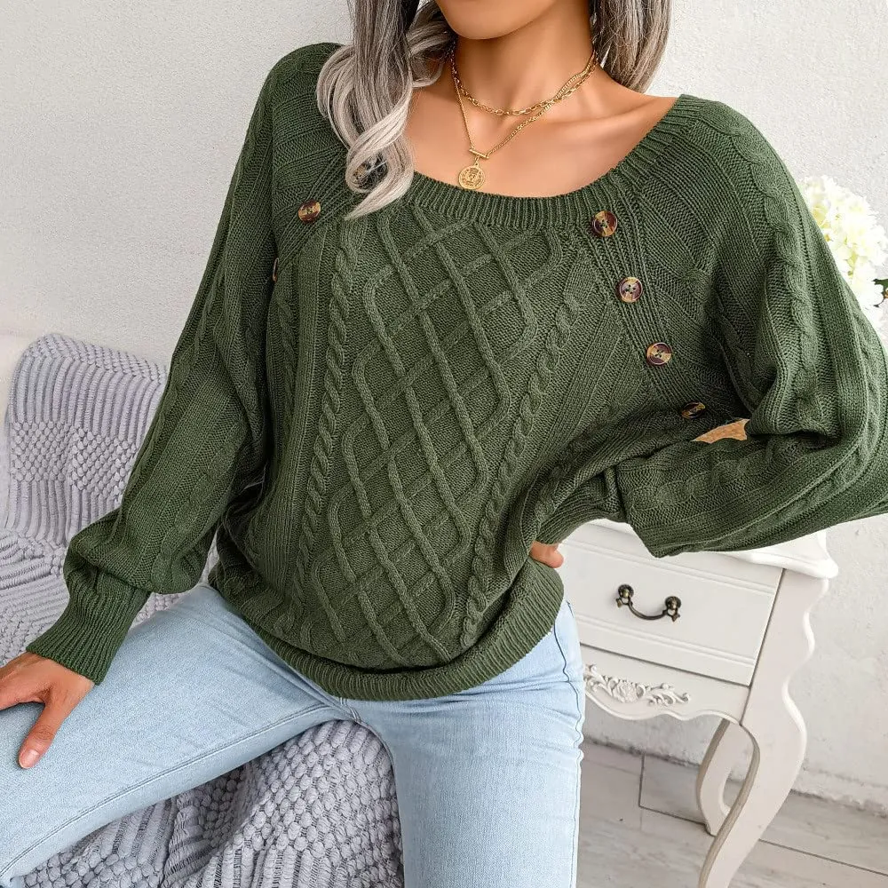 Casual Cable Knit Sweater for Women Fall Crewneck Long Sleeve Pullover Knitwear Button Decor Lightweight Jumper Top