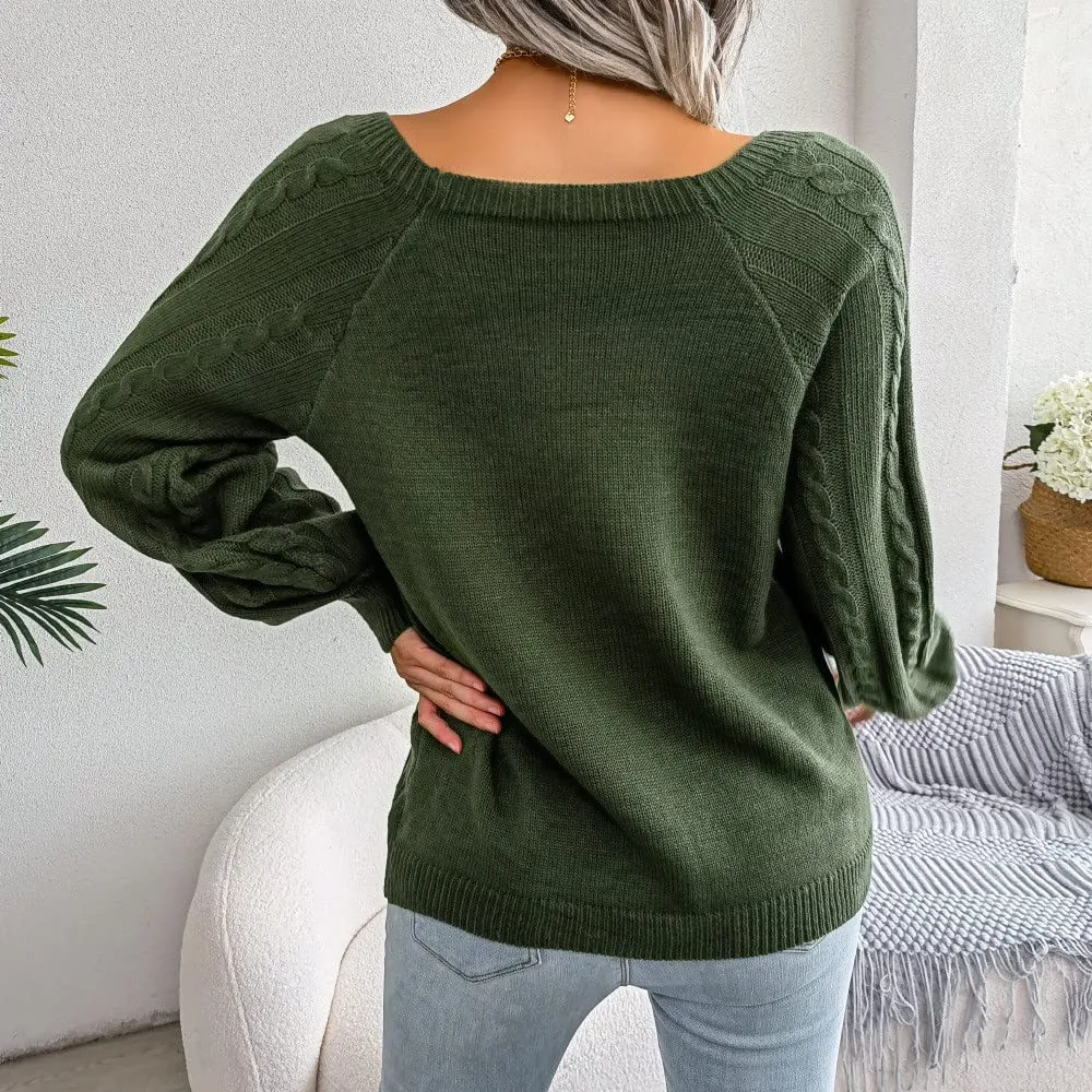 Casual Cable Knit Sweater for Women Fall Crewneck Long Sleeve Pullover Knitwear Button Decor Lightweight Jumper Top