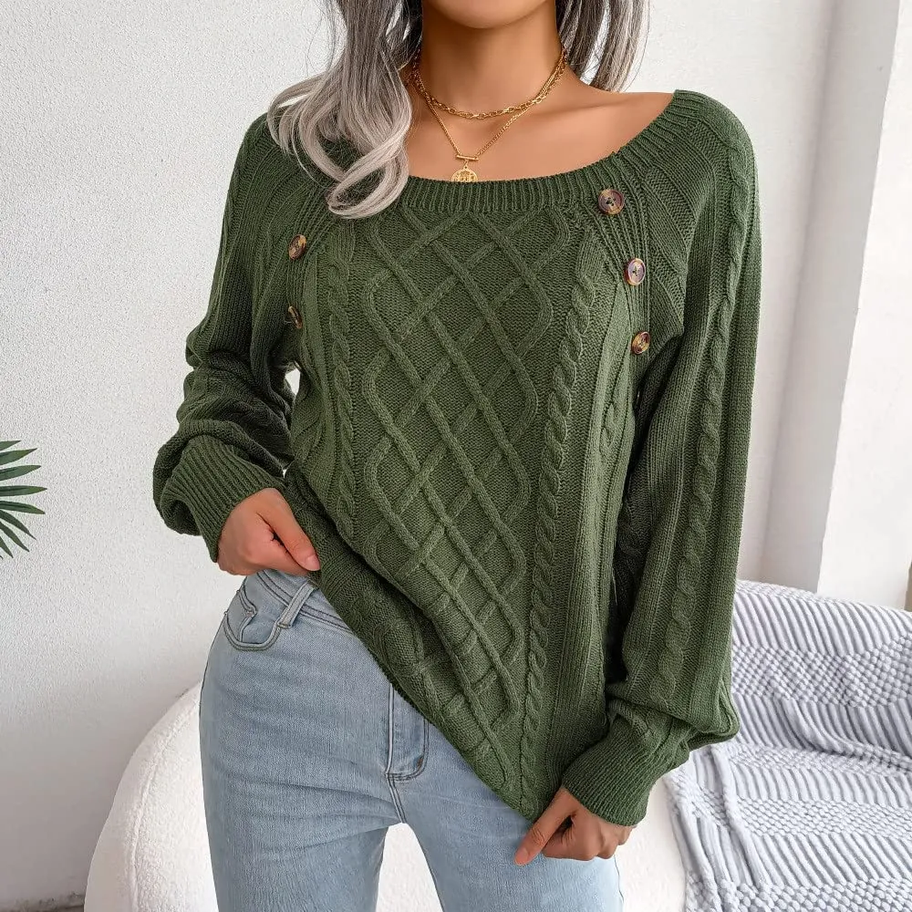 Casual Cable Knit Sweater for Women Fall Crewneck Long Sleeve Pullover Knitwear Button Decor Lightweight Jumper Top