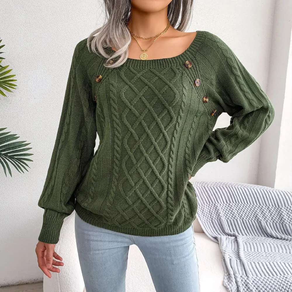 Casual Cable Knit Sweater for Women Fall Crewneck Long Sleeve Pullover Knitwear Button Decor Lightweight Jumper Top