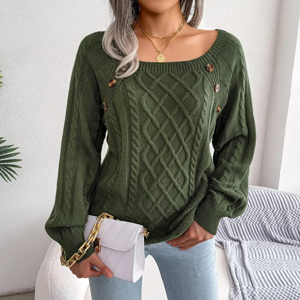 Casual Cable Knit Sweater for Women Fall Crewneck Long Sleeve Pullover Knitwear Button Decor Lightweight Jumper Top