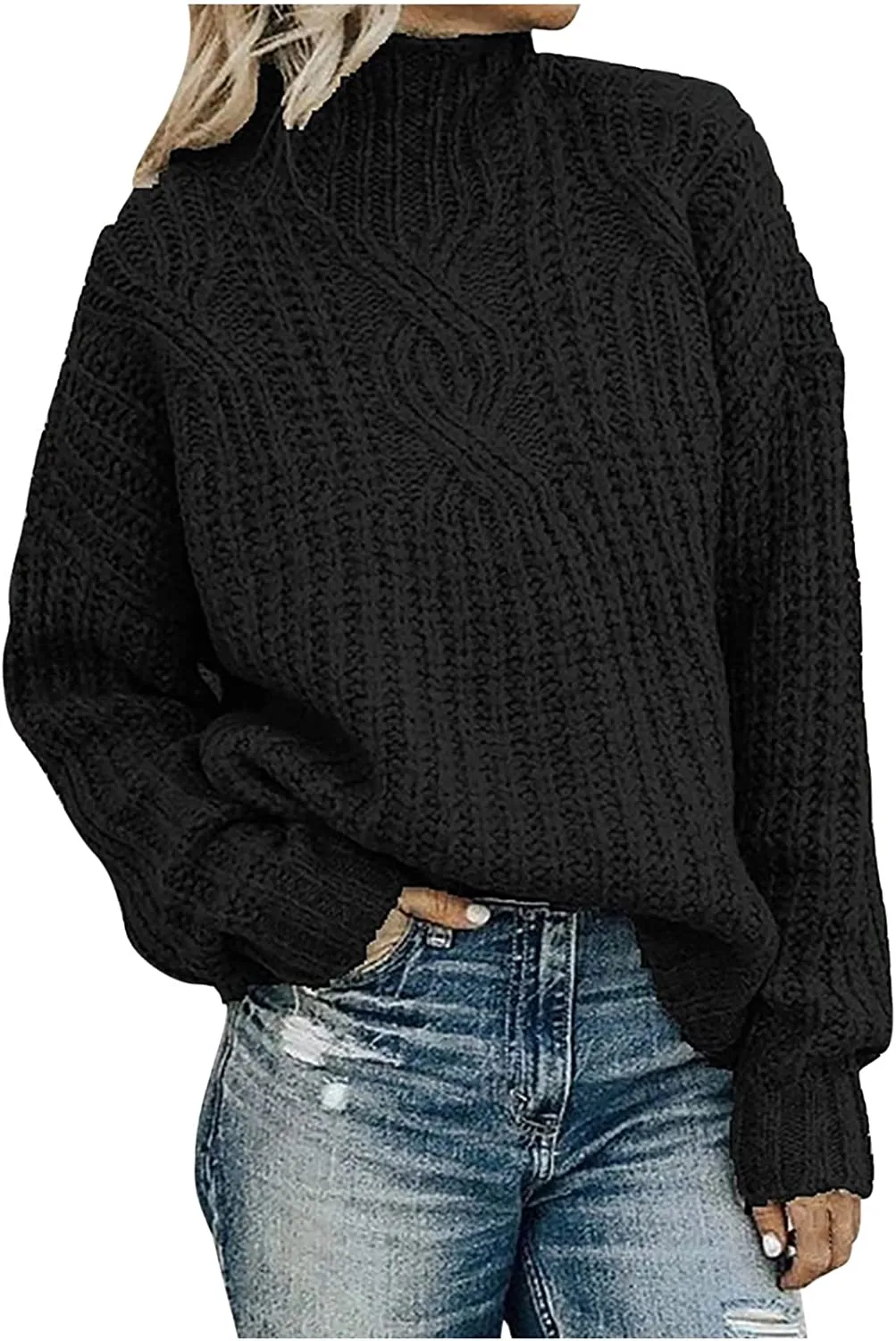 Casual Cable Knit Sweater for Women Fall Crewneck Long Sleeve Pullover Knitwear Button Decor Lightweight Jumper Top