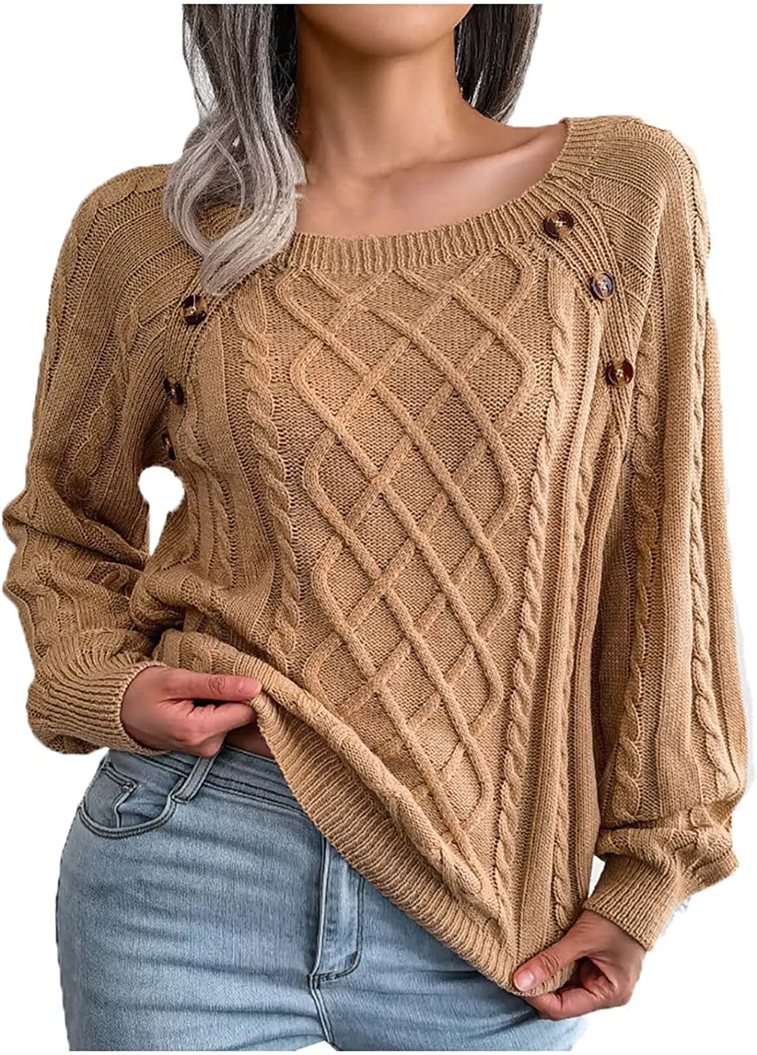 Casual Cable Knit Sweater for Women Fall Crewneck Long Sleeve Pullover Knitwear Button Decor Lightweight Jumper Top