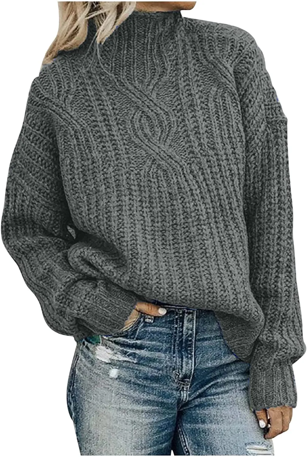 Casual Cable Knit Sweater for Women Fall Crewneck Long Sleeve Pullover Knitwear Button Decor Lightweight Jumper Top