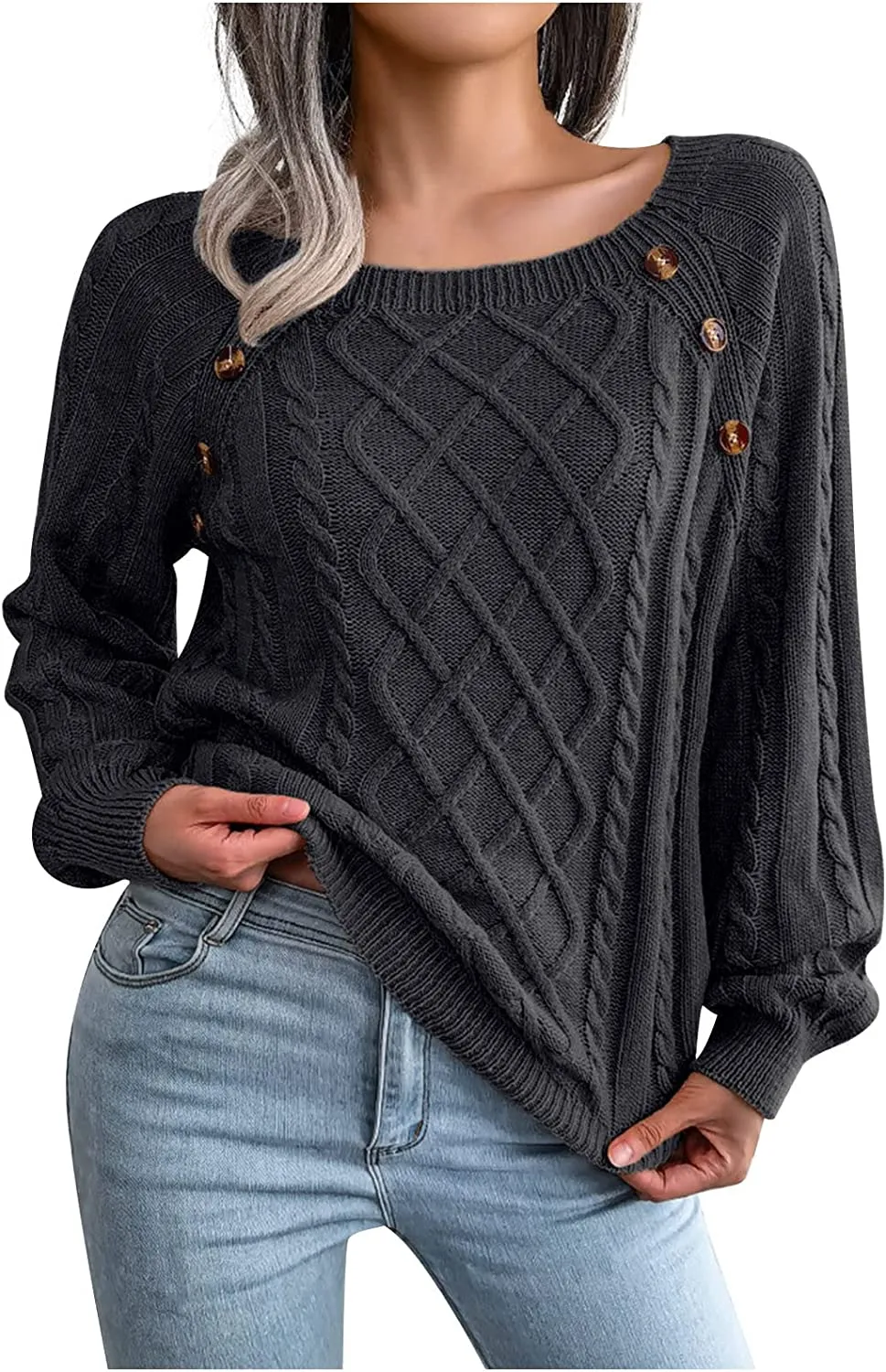 Casual Cable Knit Sweater for Women Fall Crewneck Long Sleeve Pullover Knitwear Button Decor Lightweight Jumper Top