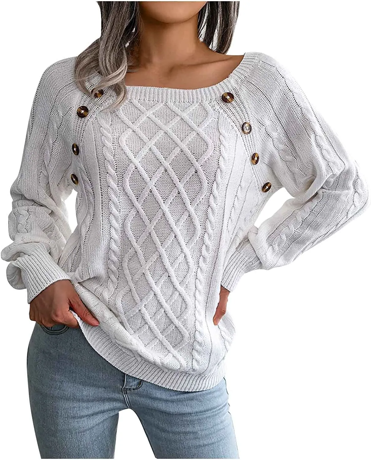 Casual Cable Knit Sweater for Women Fall Crewneck Long Sleeve Pullover Knitwear Button Decor Lightweight Jumper Top