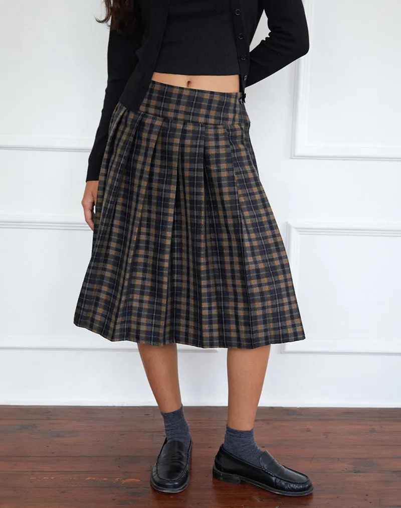 Catelyn Pleated Midi Skirt in Navy Mustard Check