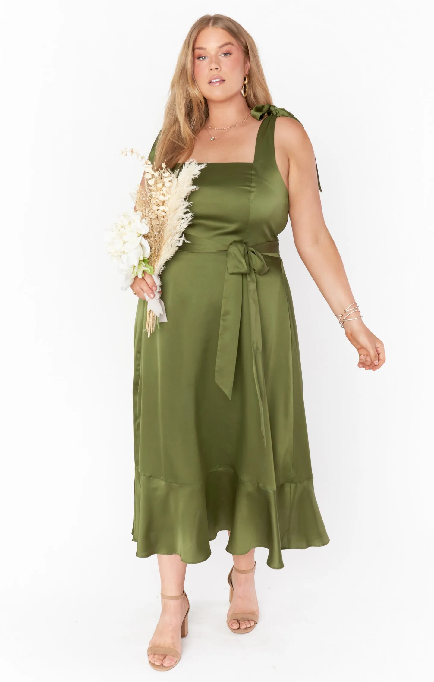 Claire Midi Dress ~ Rich Olive Luxe Satin