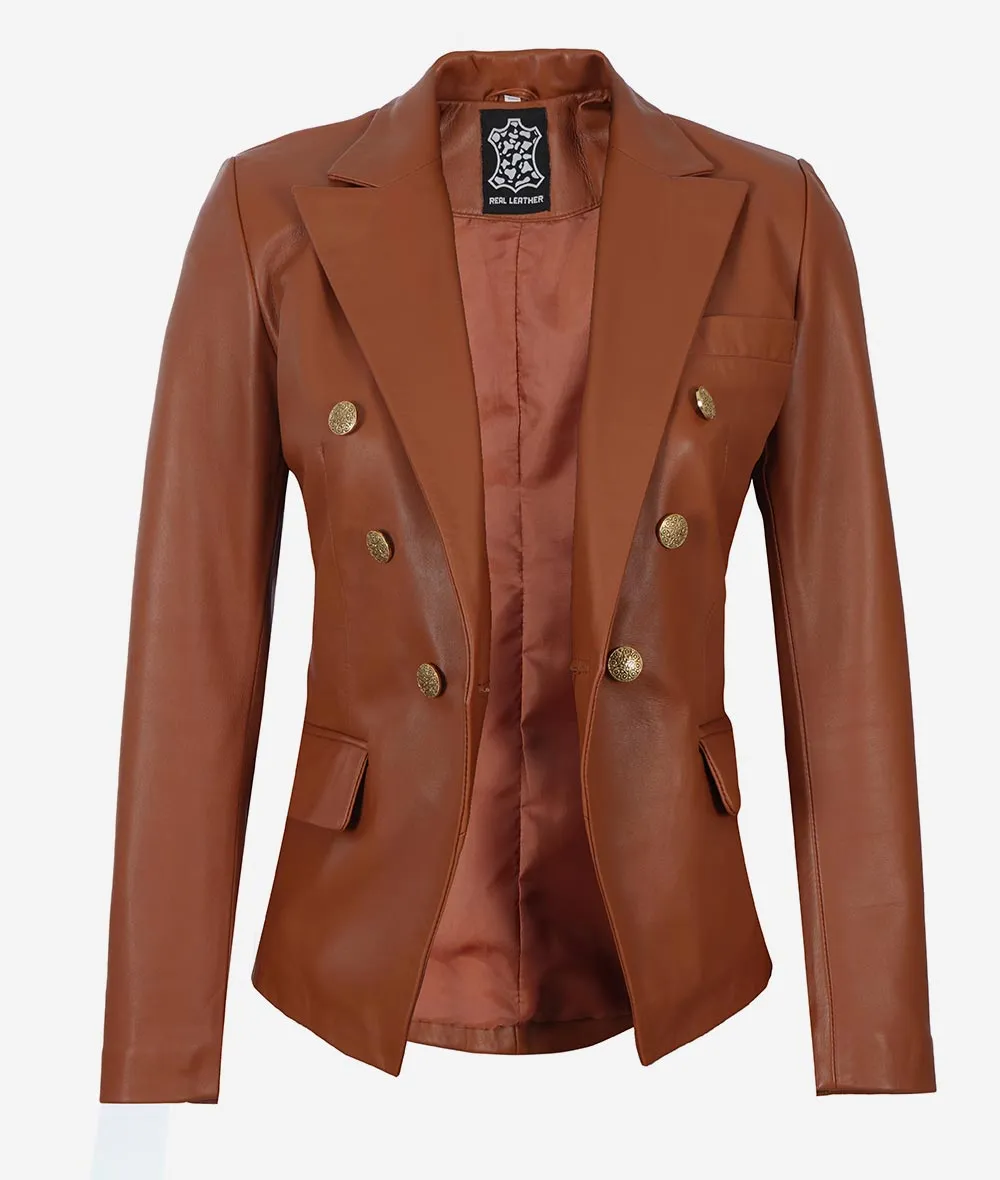 Cognac Leather Blazer For Women  Double Breasted