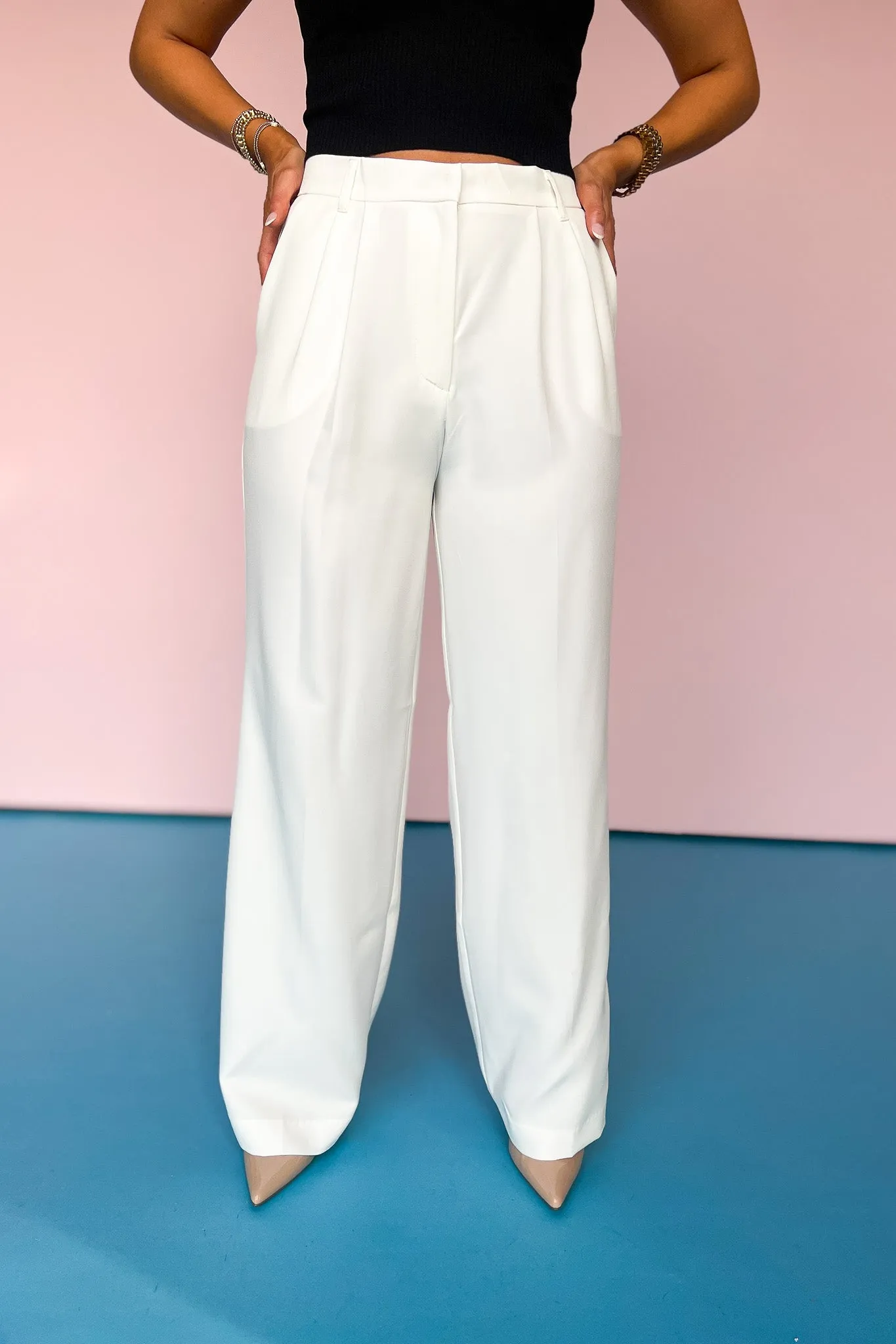 Cream High Waist Front Pleat Wide Leg Pants