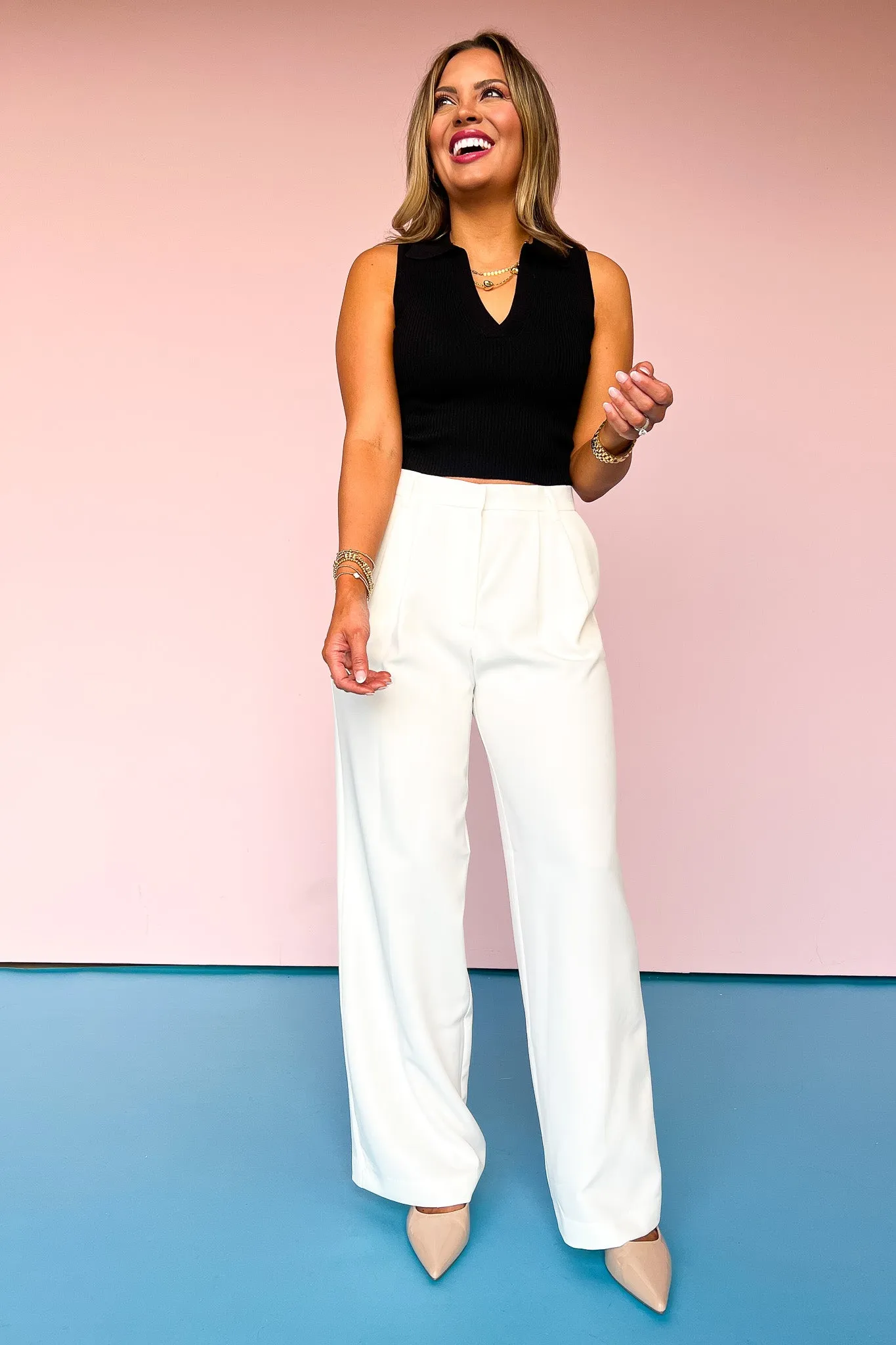 Cream High Waist Front Pleat Wide Leg Pants