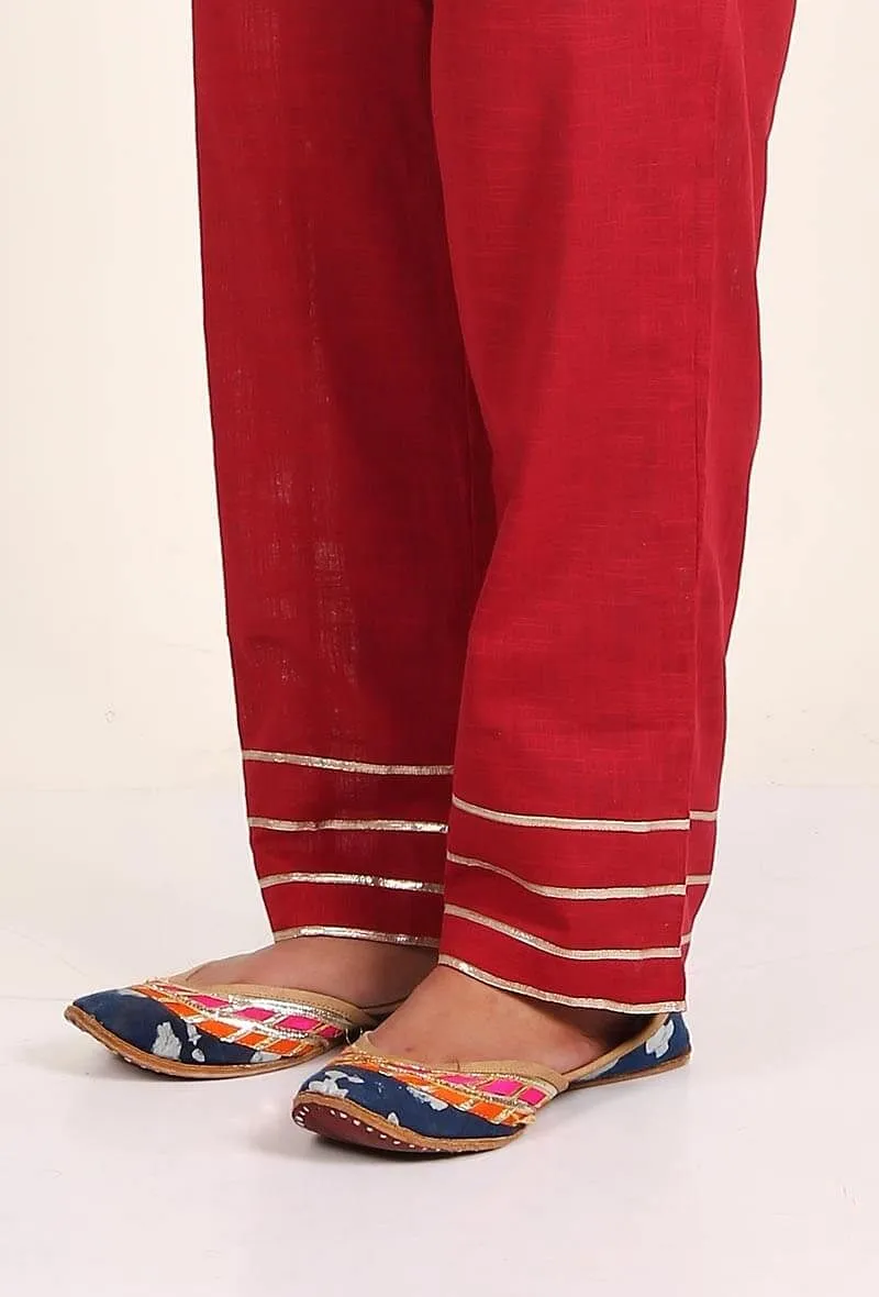 Crimson Red Handloom Cotton Gota Palazzo