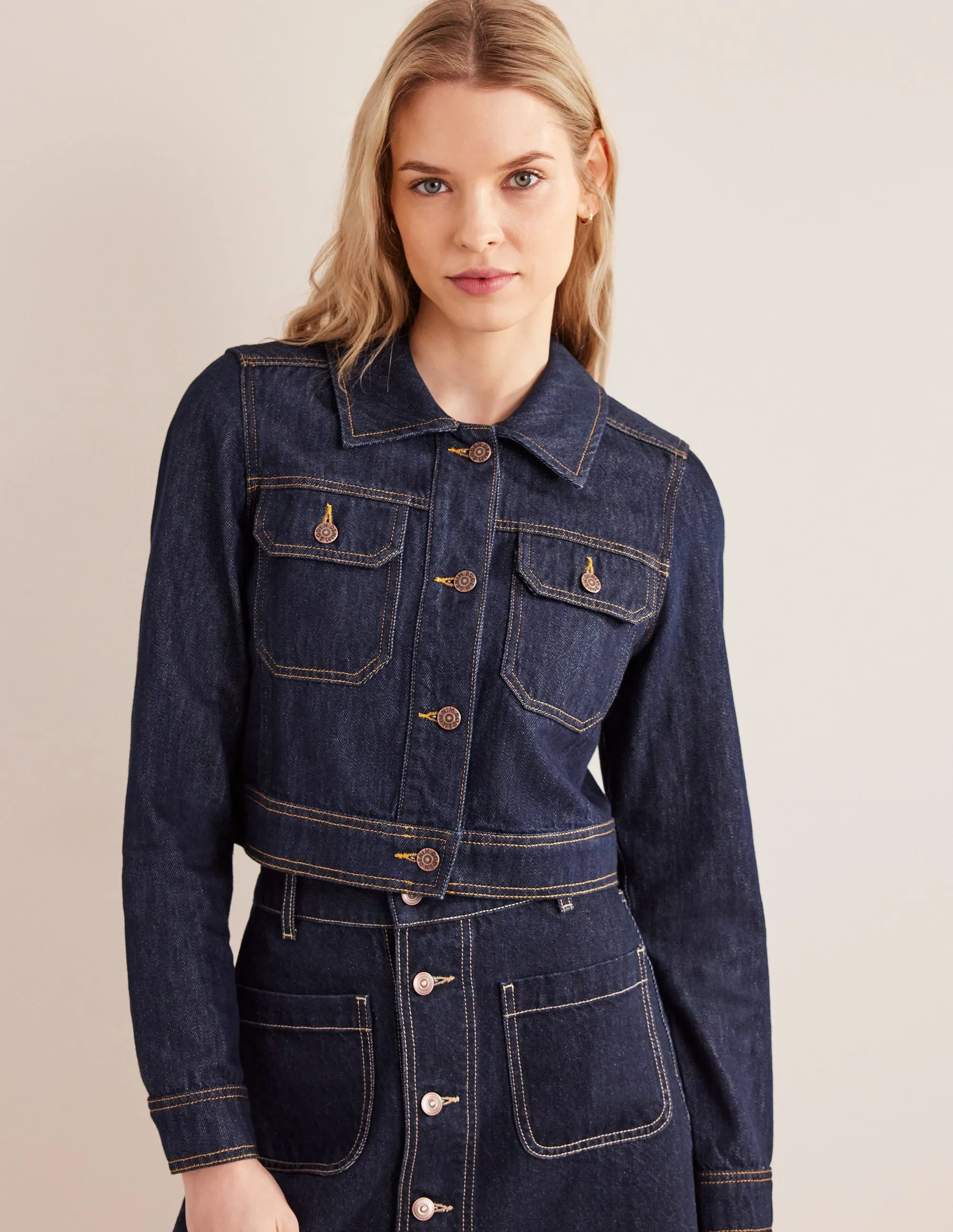 Cropped Casual Cotton Jacket-Indigo