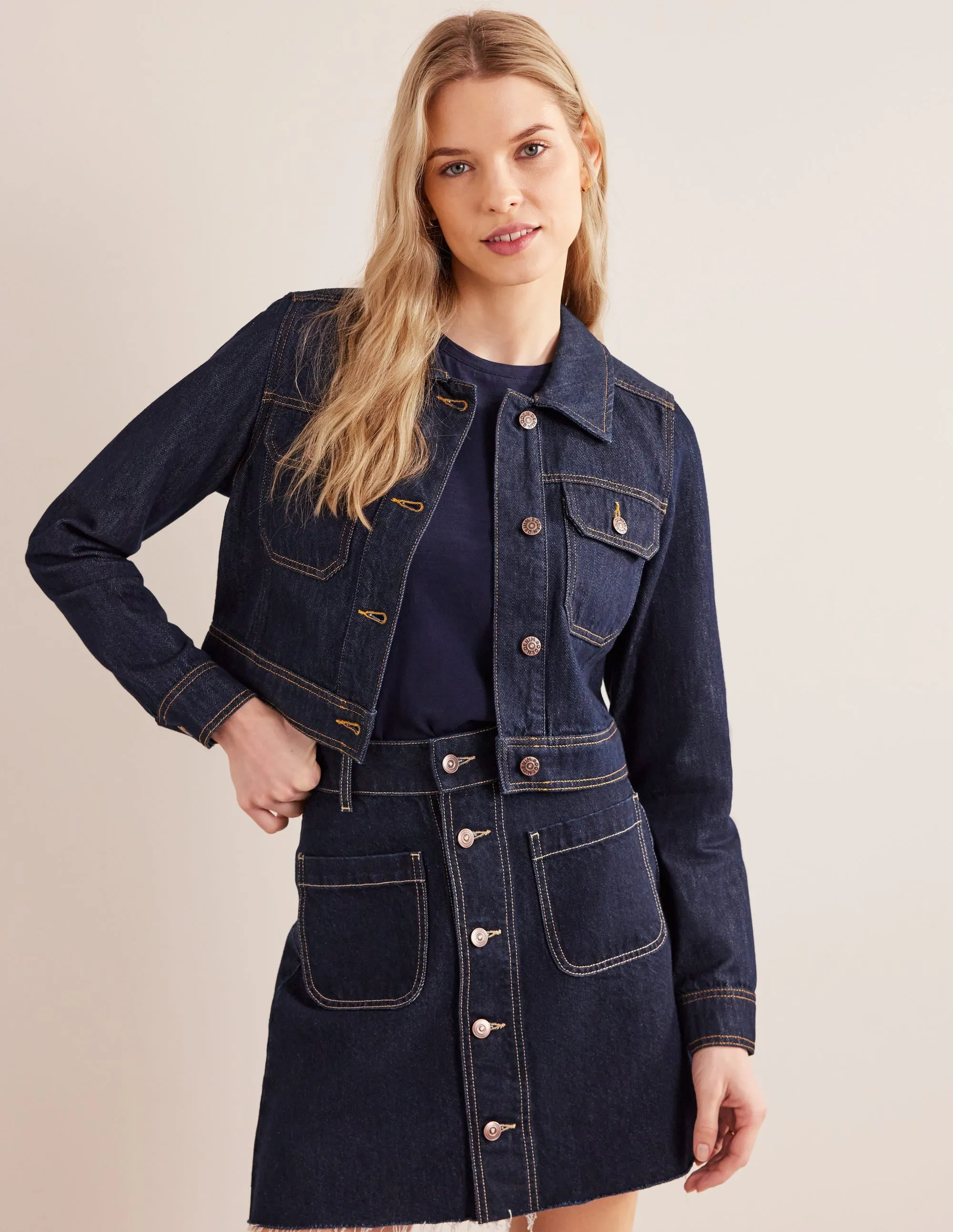 Cropped Casual Cotton Jacket-Indigo