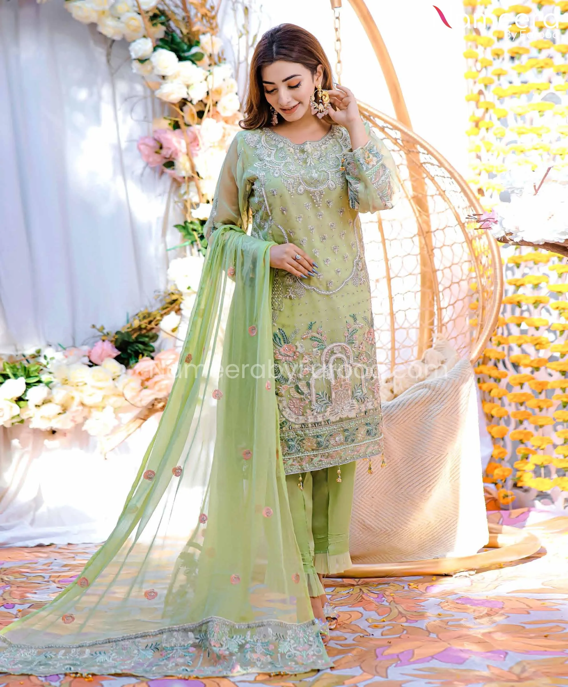 Embroidered Pakistani Dress in Pistachio Shade #PF247