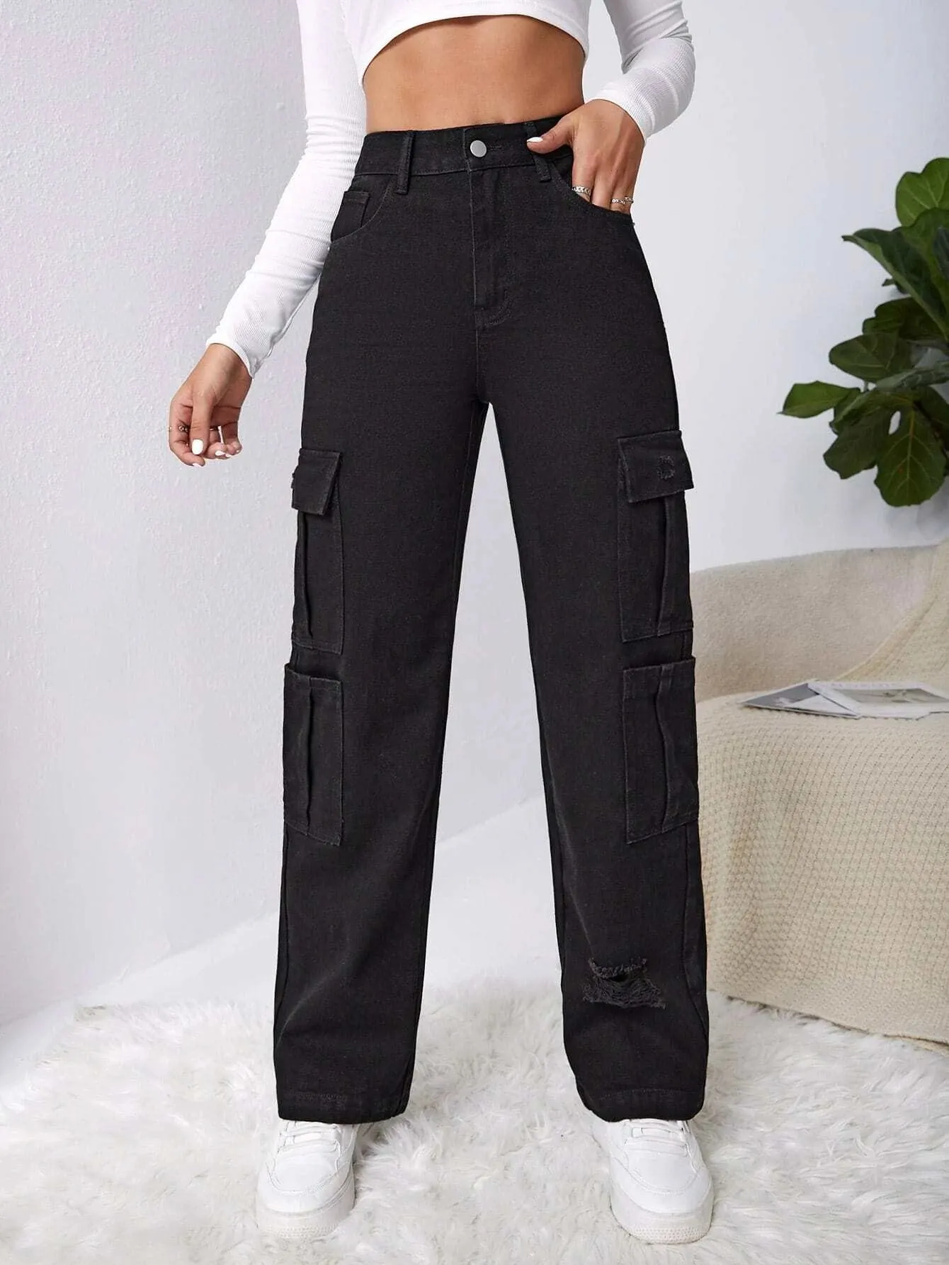 Flap Pocket Cargo High Waist Jeans