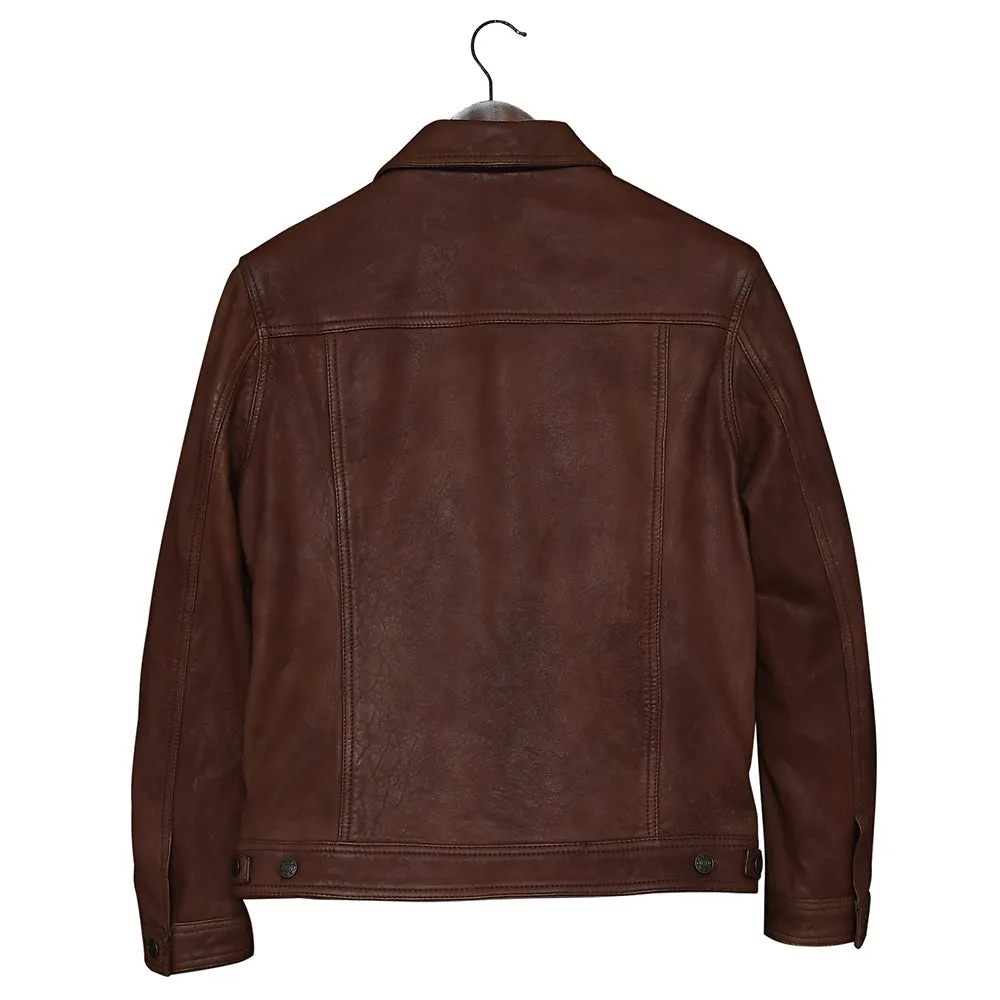 Four Pocket Mens Brown Leather Trucker Jacket