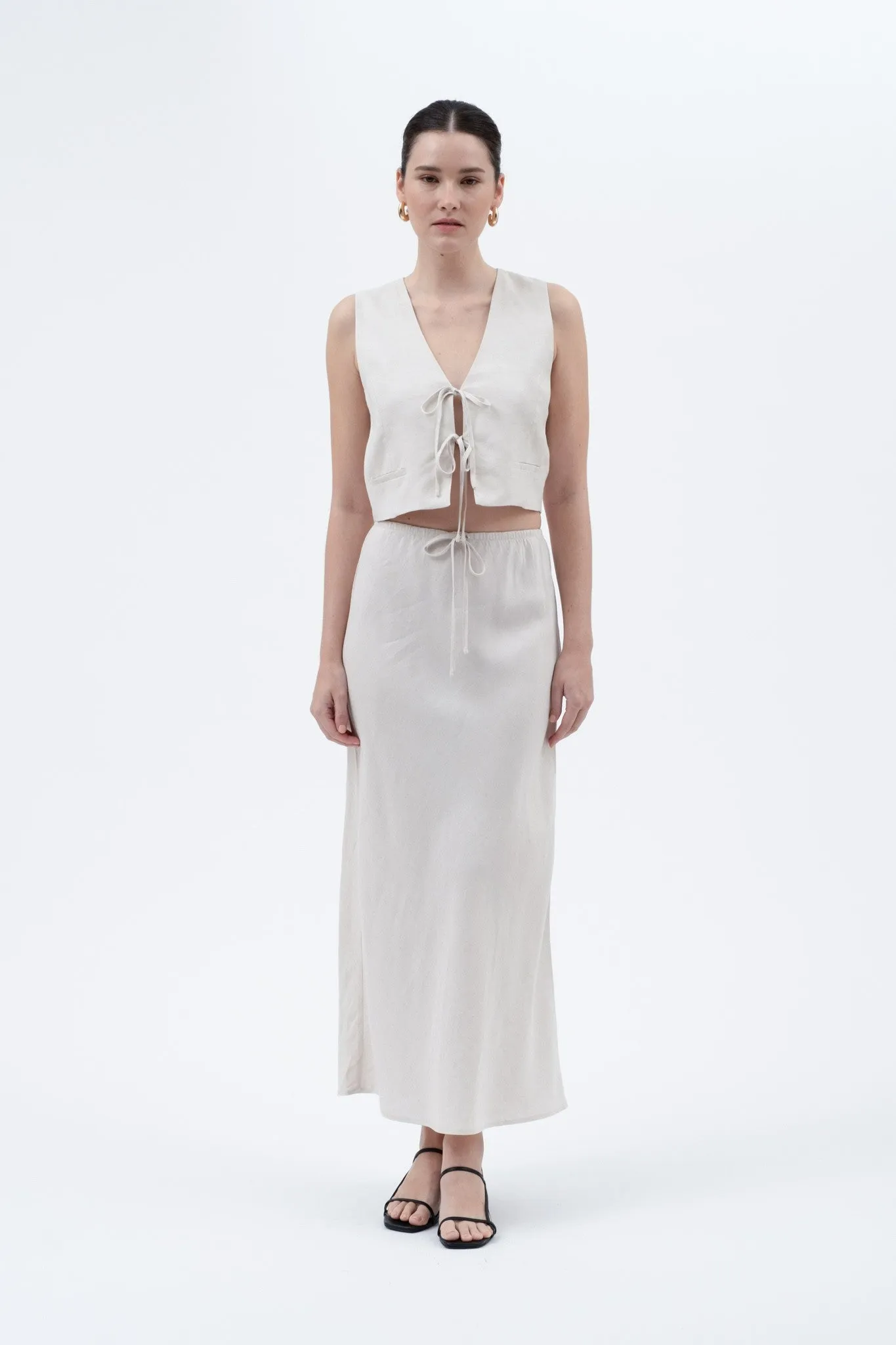 Front Tie Linen Midi Skirt