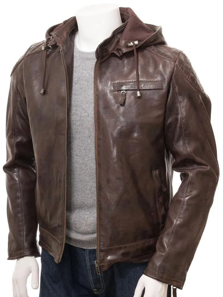 George Brown Removable Hooded Leather Jacket for Men