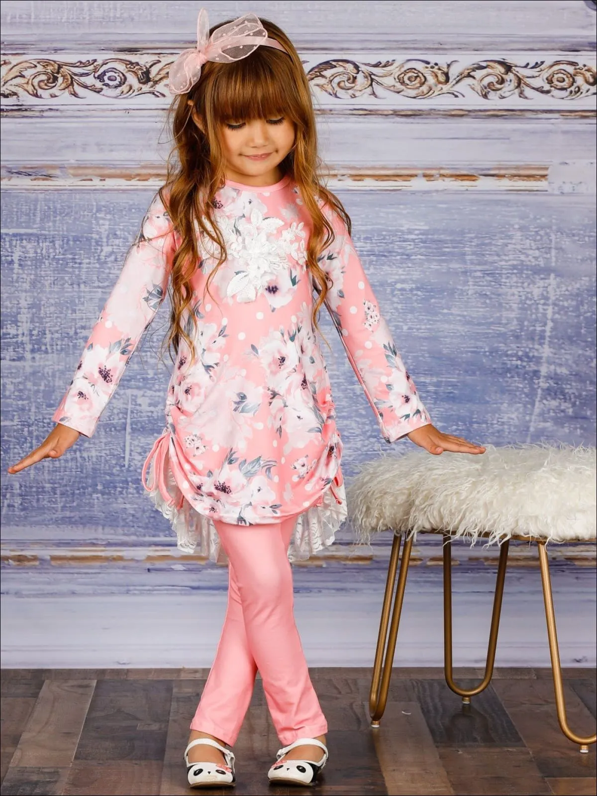 Girls Rose Print Long Sleeve Hi-Lo Drawstring Lace Tunic And Matching Legging Set