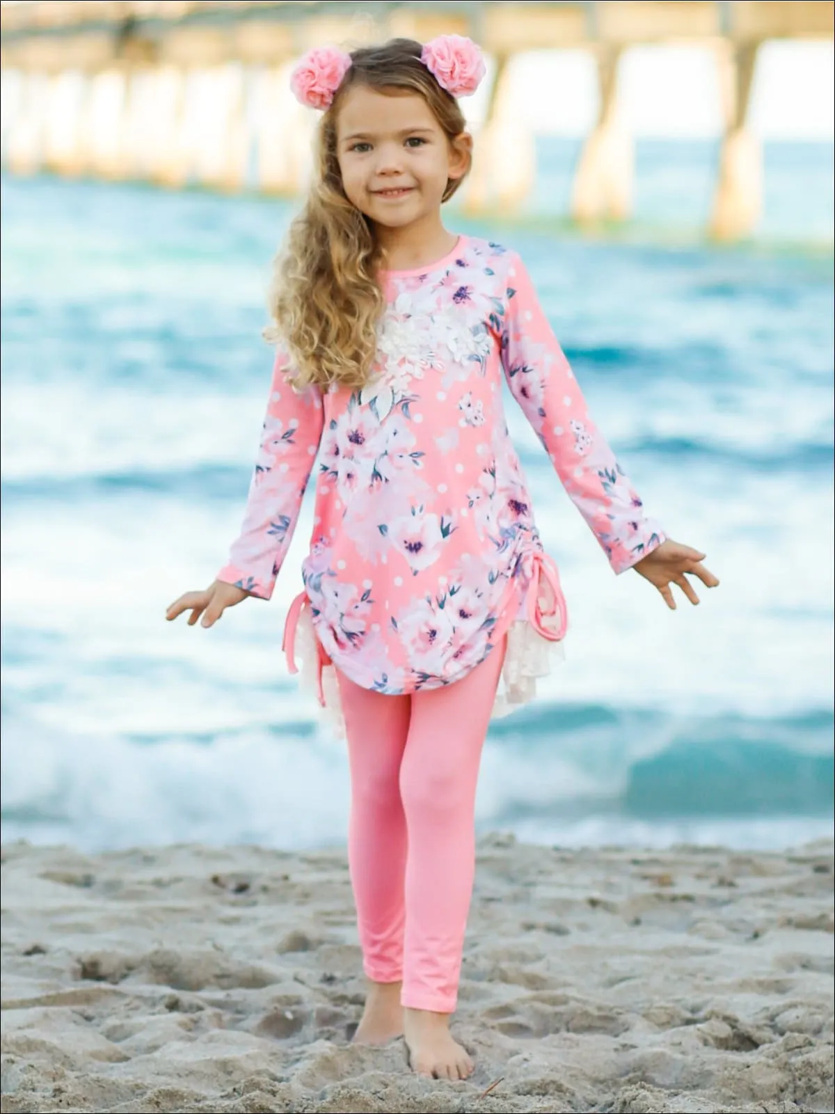 Girls Rose Print Long Sleeve Hi-Lo Drawstring Lace Tunic And Matching Legging Set