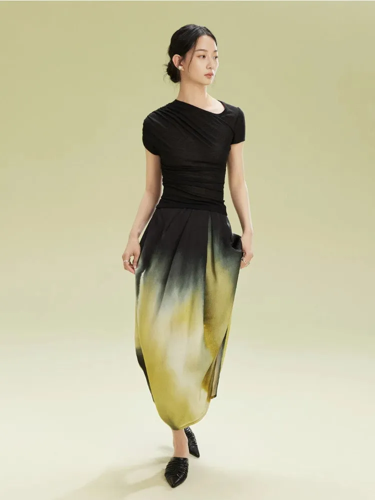 Gradation Nichi Drape Satin Nichi Asymmetry Long-Skirt