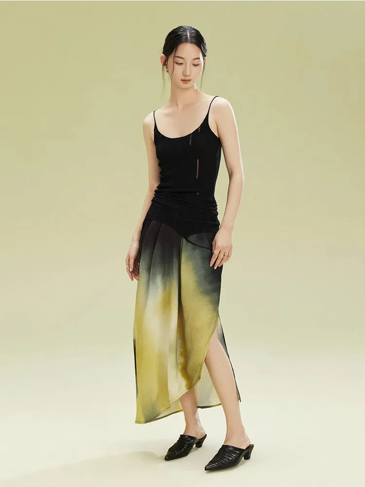 Gradation Nichi Drape Satin Nichi Asymmetry Long-Skirt