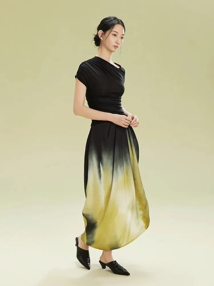 Gradation Nichi Drape Satin Nichi Asymmetry Long-Skirt