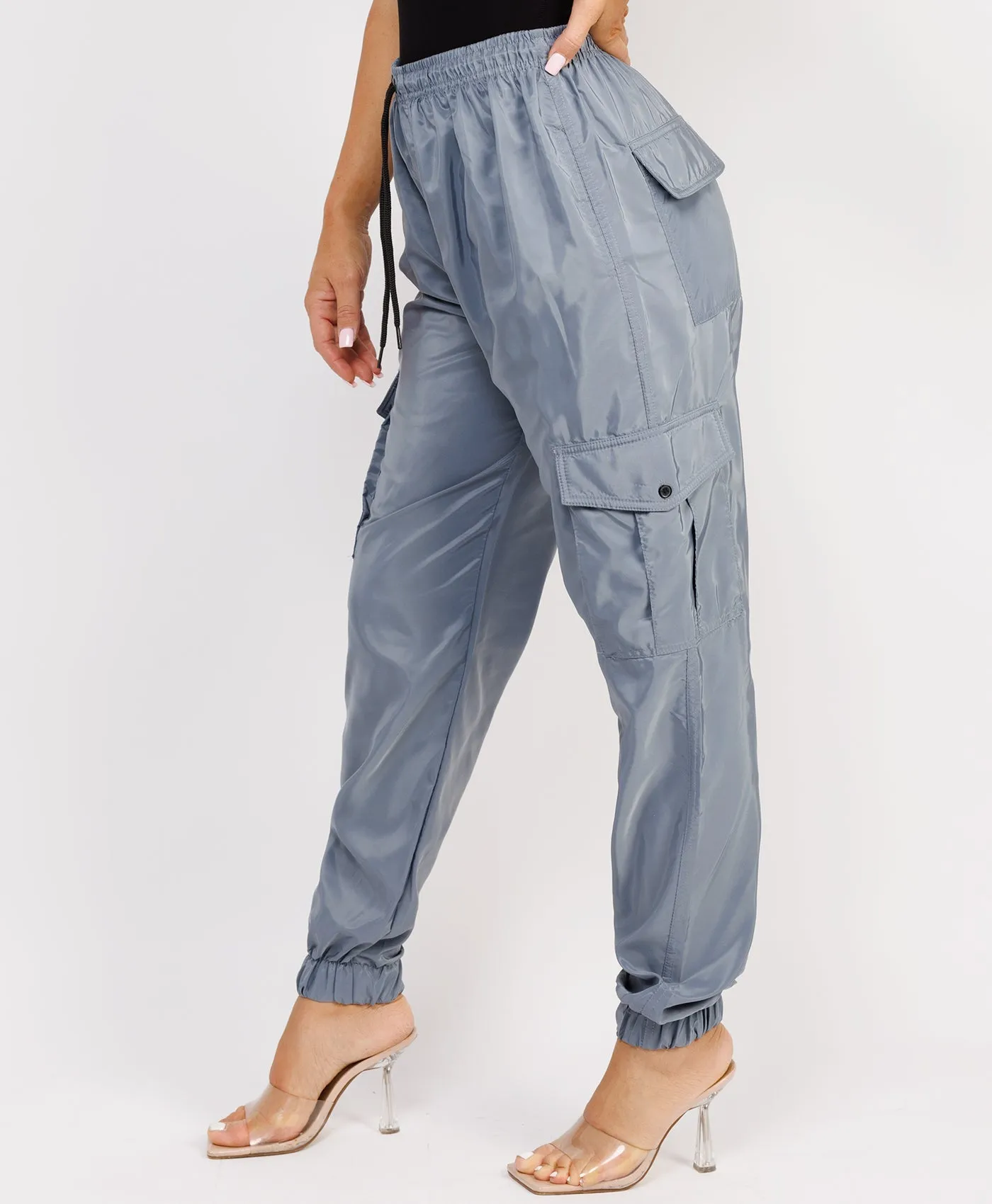 Grey Shell Cuffed Pocketed Cargo Trousers