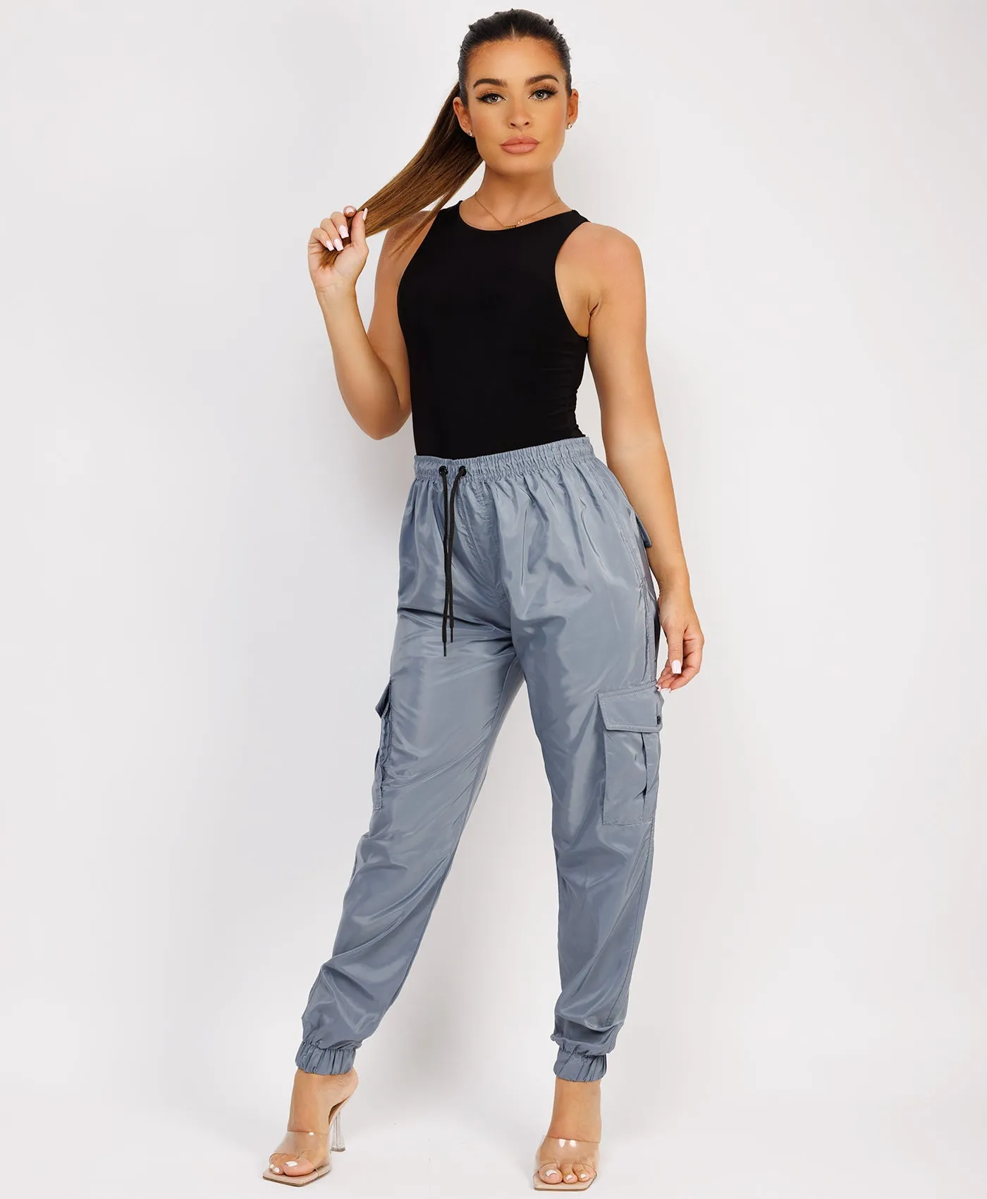 Grey Shell Cuffed Pocketed Cargo Trousers