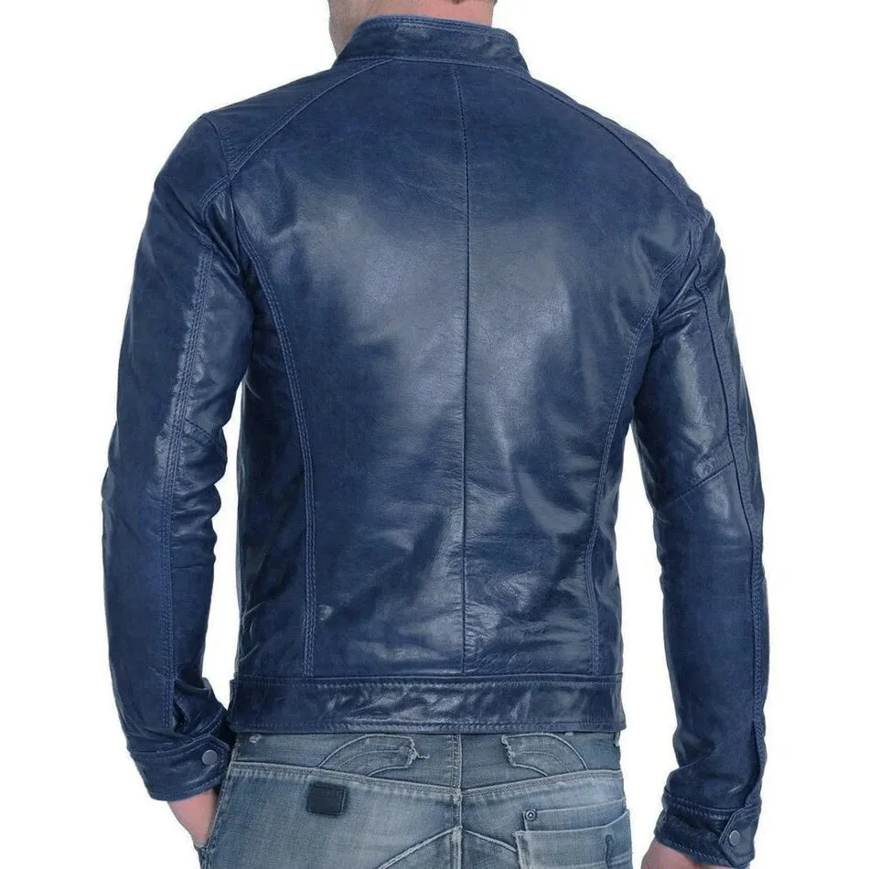 Handmade Blue Genuine Leather Lambskin Vintage Bomber Jacket for Men