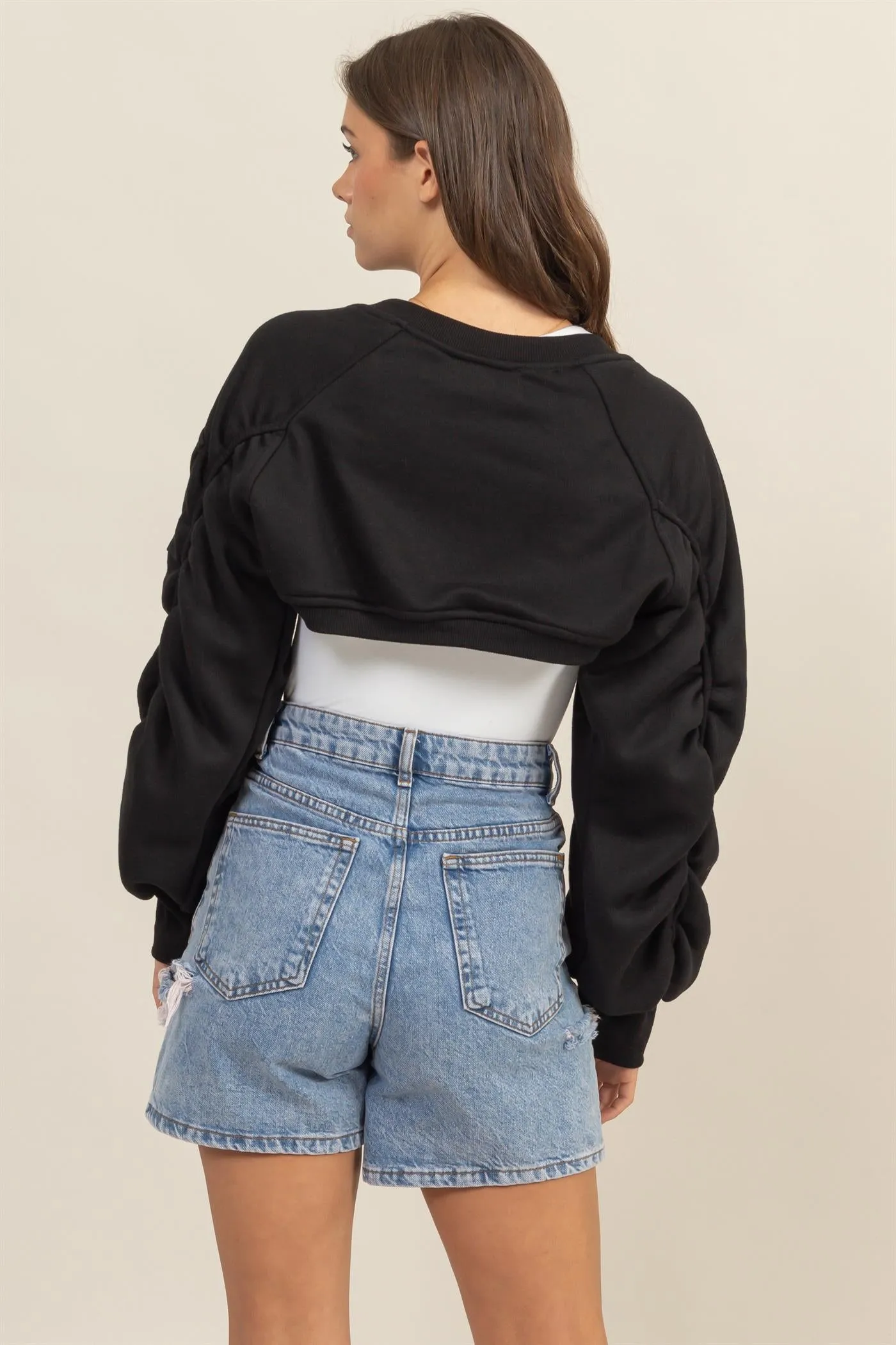 HF24E731-Ruched French Terry Bolero Bomber Jacket