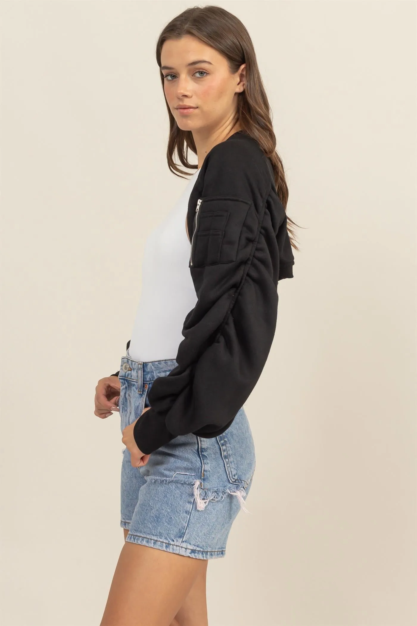 HF24E731-Ruched French Terry Bolero Bomber Jacket