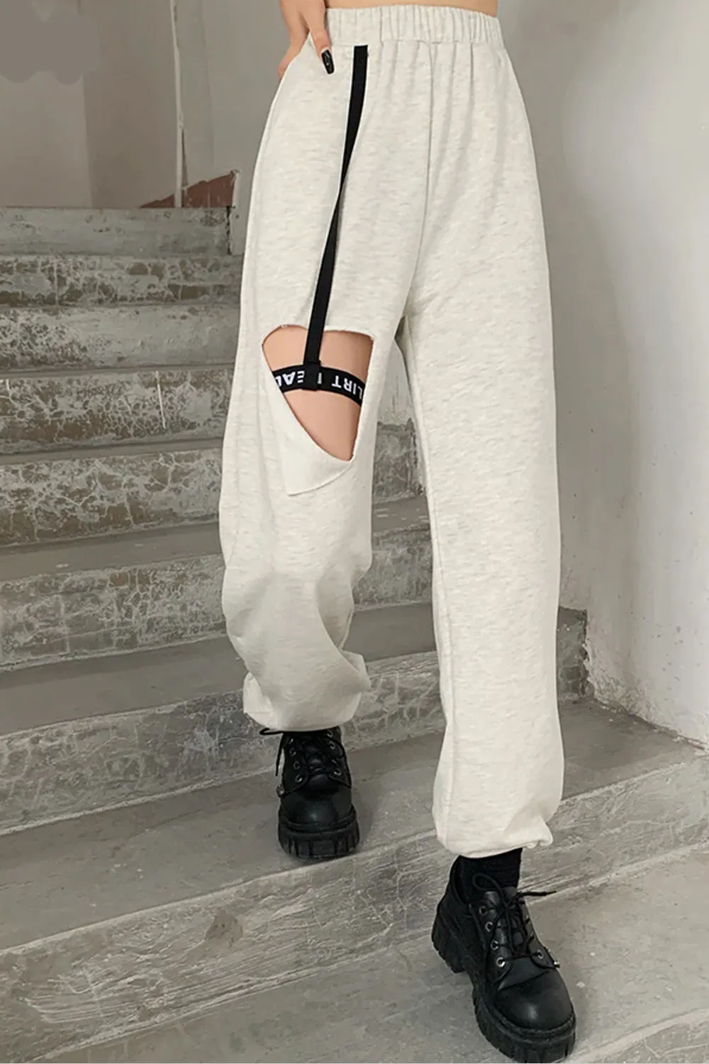 High Waist Cute Hole Solid Cotton Pants