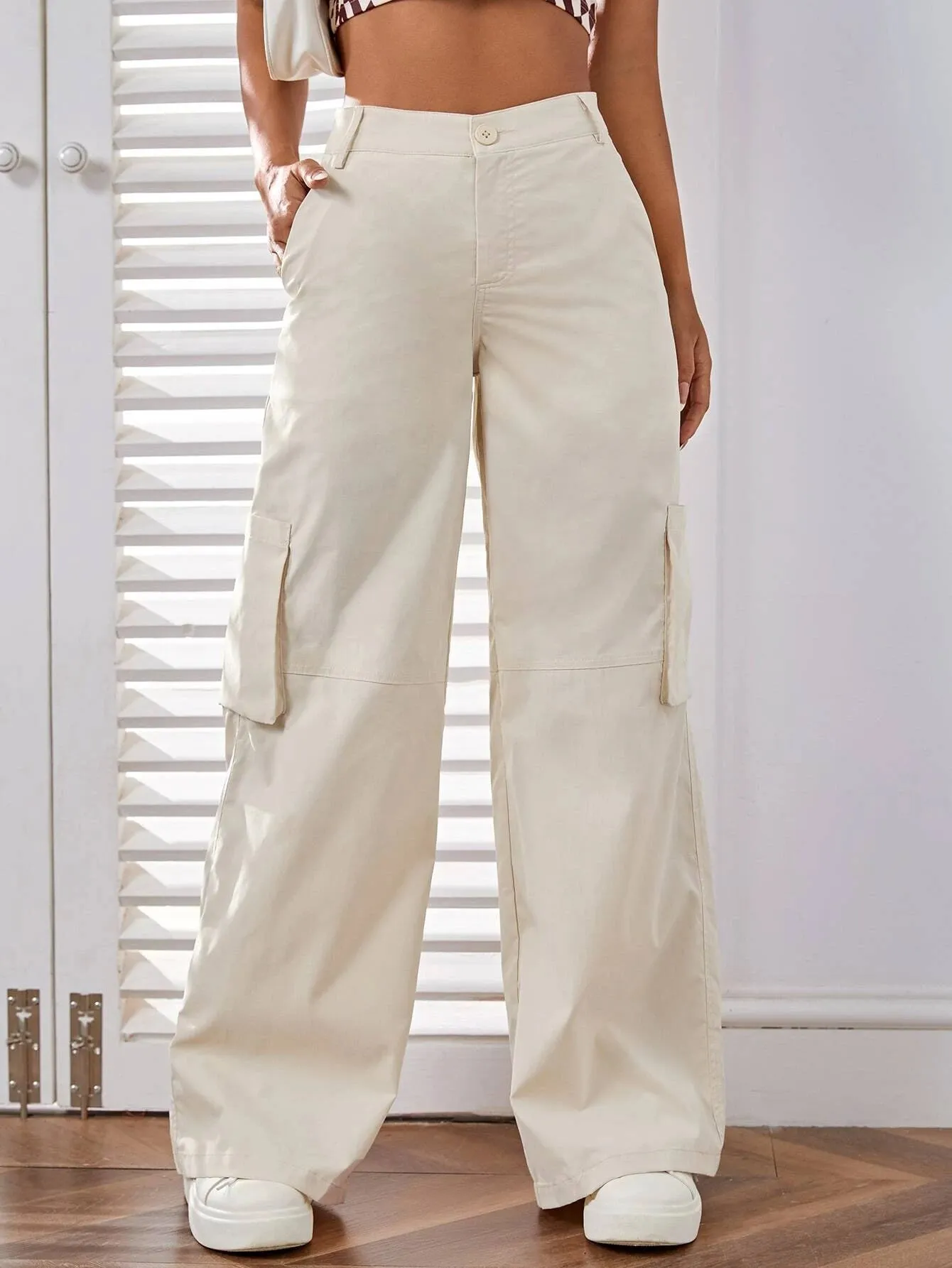 High Waist Patched Pocket Wide Leg Pants