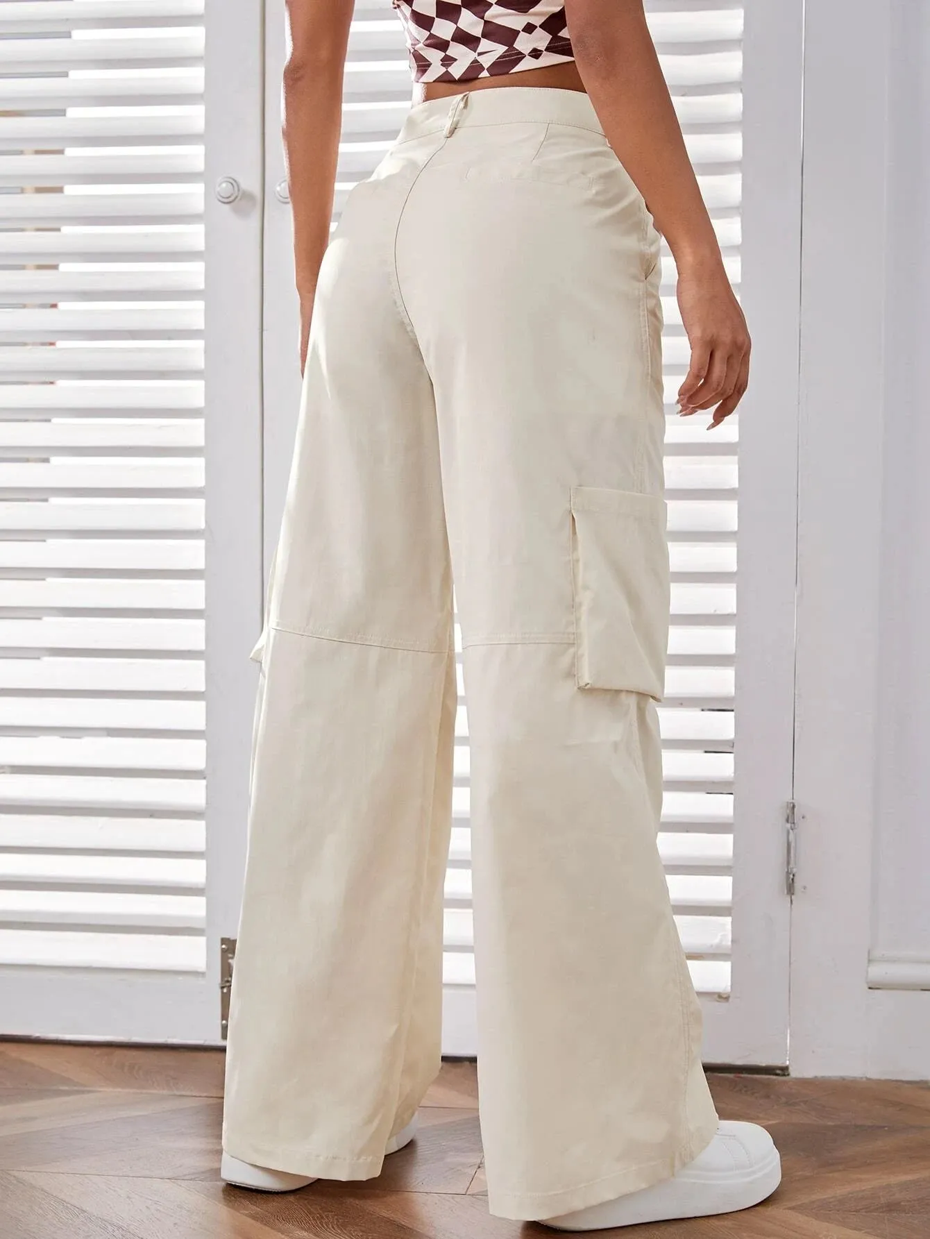 High Waist Patched Pocket Wide Leg Pants