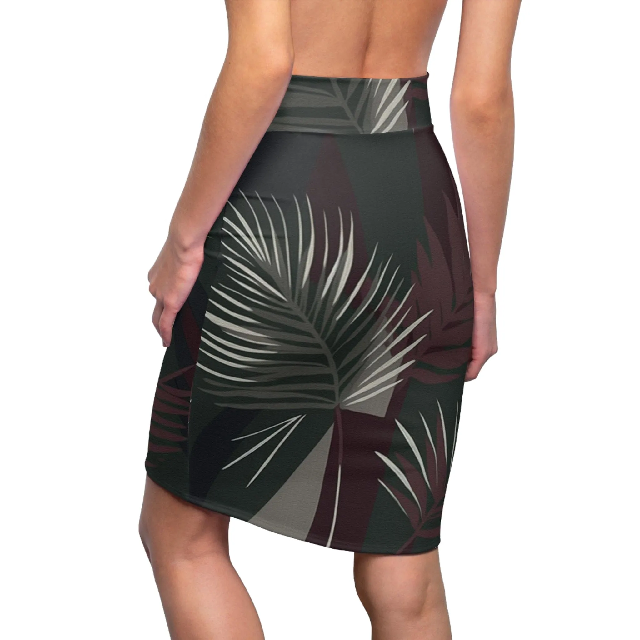 High Waist Womens Pencil Skirt - Contour Stretch - Palm Tree Leaves Maroon Green Background Minimalist Art