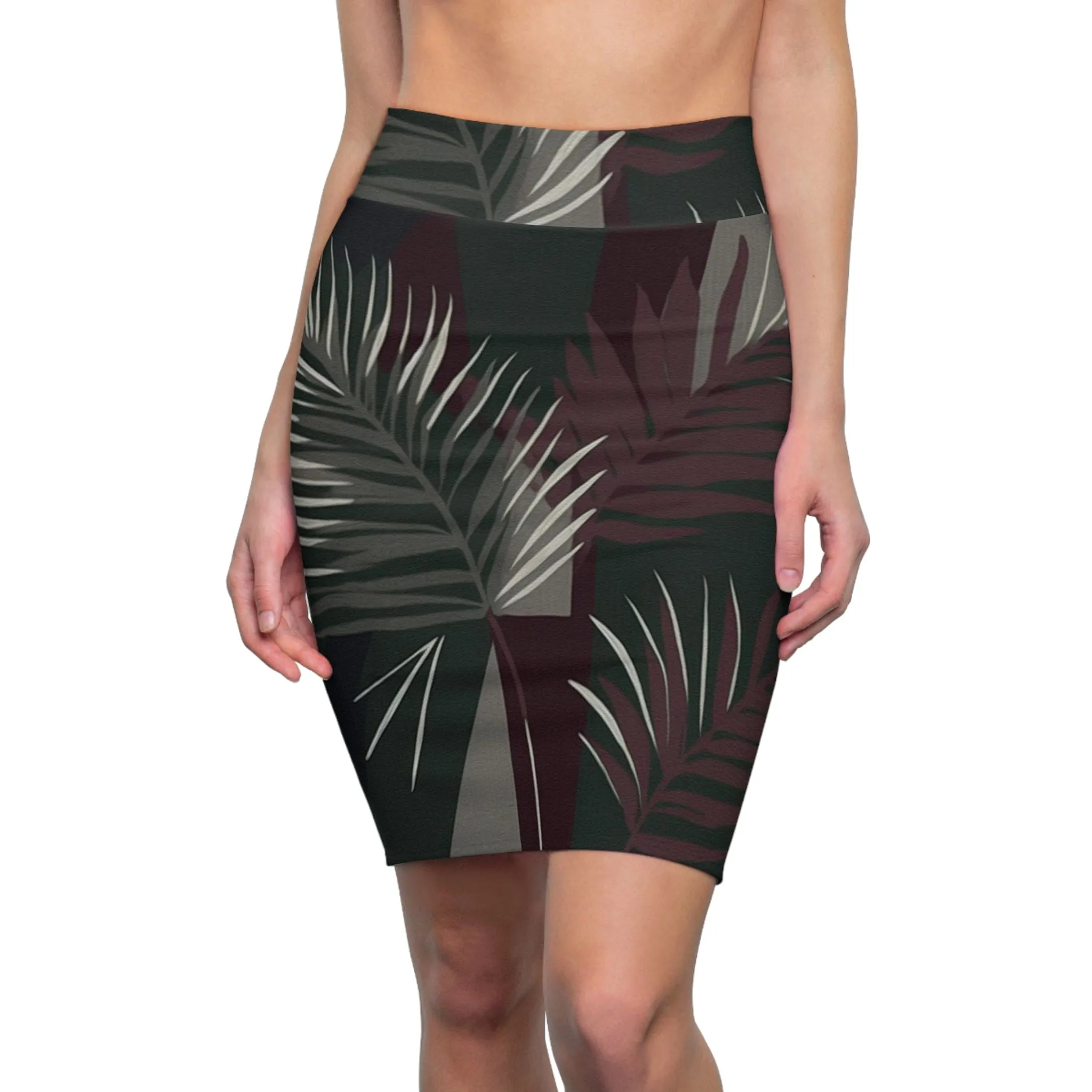 High Waist Womens Pencil Skirt - Contour Stretch - Palm Tree Leaves Maroon Green Background Minimalist Art