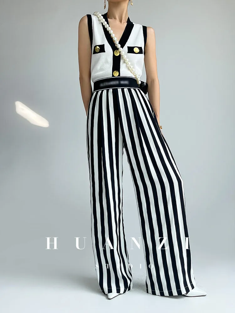 Huanzi high-end striped high-waist wide leg pants - Nuna