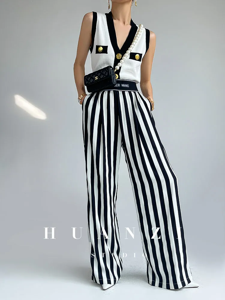 Huanzi high-end striped high-waist wide leg pants - Nuna