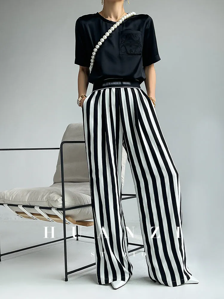 Huanzi high-end striped high-waist wide leg pants - Nuna